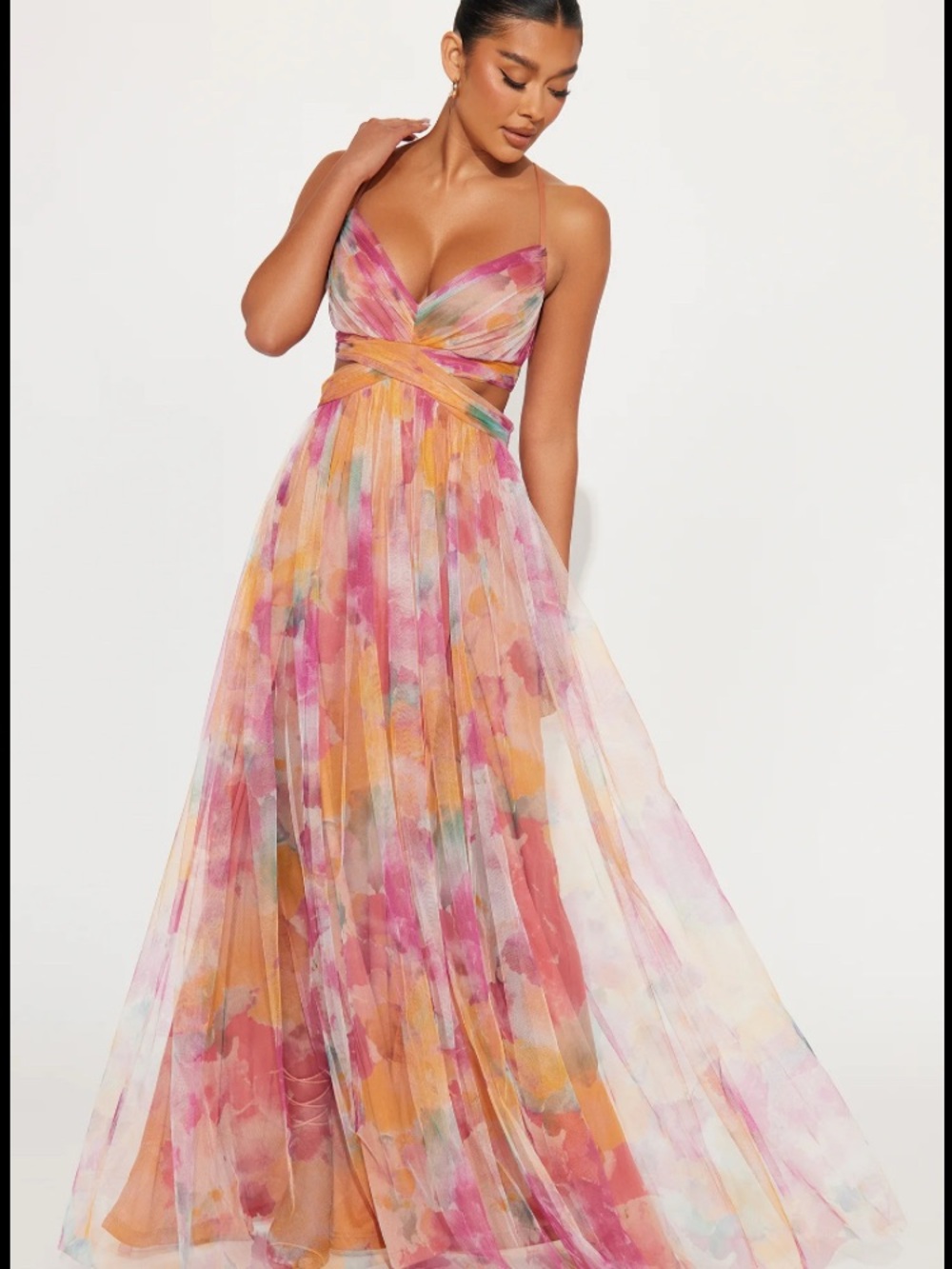 Watercolor Floral Chiffon Maxi Dress with Lace Up Back- Pink & Orange